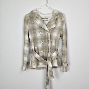 Maurices Plaid Peacoat Sz Small Double Breasted Hooded Belted Beige White